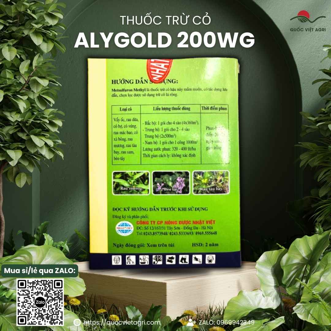 Mặt sau hộp 10 gói thuốc trừ cỏ Aly Gold 200WG với thông tin thành phần hoạt chất Metsulfuron Methyl và hướng dẫn sử dụng chi tiết.