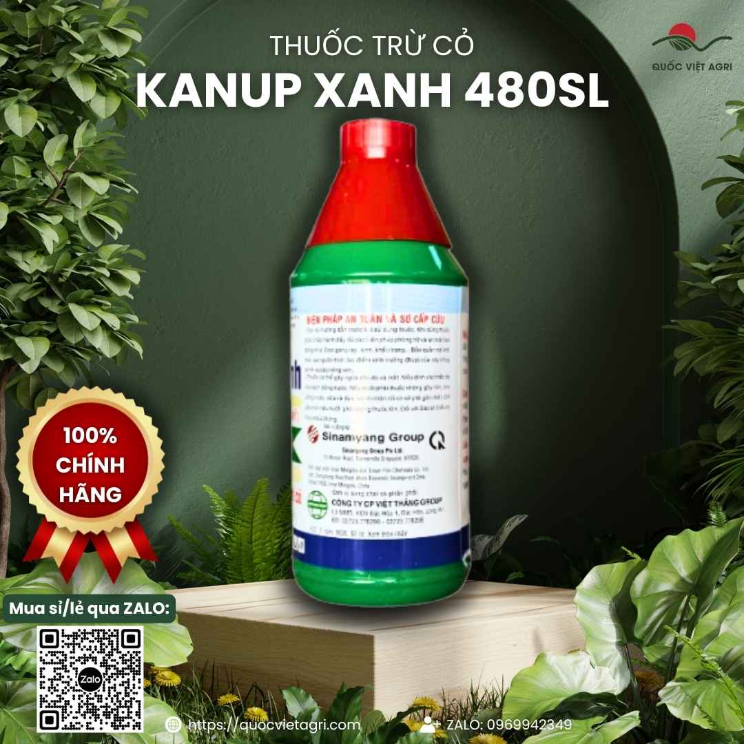 Mặt sau chai thuốc trừ cỏ Kanup Xanh 480SL 900ml với thông tin thành phần hoạt chất Glufosinate ammonium và hướng dẫn sử dụng chi tiết.