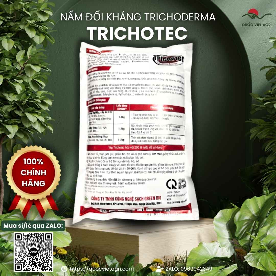 Mặt sau gói nấm đối kháng Trichoderma Trichotec 1kg với thông tin thành phần vi sinh và hướng dẫn sử dụng chi tiết.