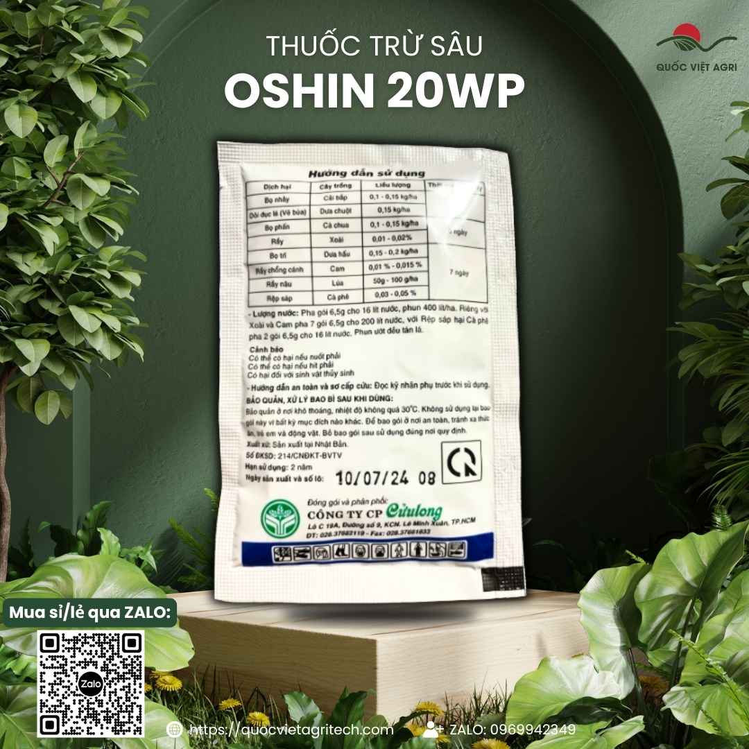Mặt sau gói thuốc trừ sâu Oshin 20WP 6.5g, chuyên dùng để đặc trị rầy nâu, bọ trĩ, sản phẩm chính hãng Mitsui Nhật Bản.