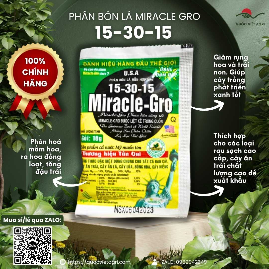 Mặt trước gói phân bón Miracle-Gro 15-30-15+TE 10g, chứa NPK 15-30-15 và vi lượng chelate, chuyên kích hoa, tăng đậu trái.