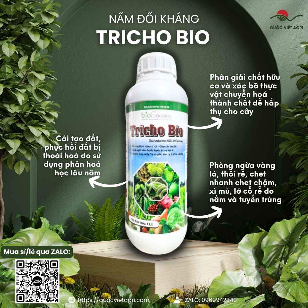 Mặt trước chai nấm đối kháng Tricho Bio 1 Lít, chuyên dùng để cải tạo đất, trừ nấm bệnh, sản phẩm chính hãng An Phát Nông.