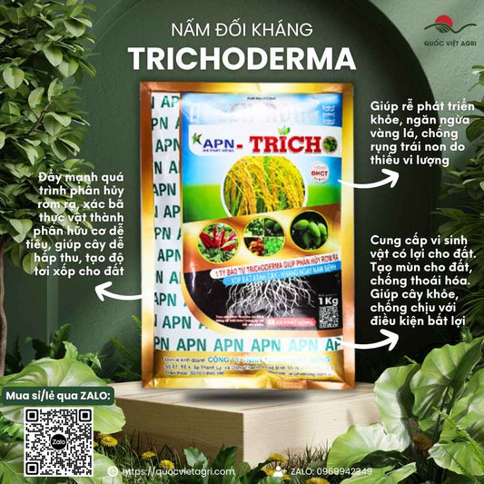 Mặt trước gói nấm đối kháng Trichoderma Tricho 1kg, chuyên dùng để cải tạo đất, trị thối rễ, sản phẩm chính hãng An Phát Nông.