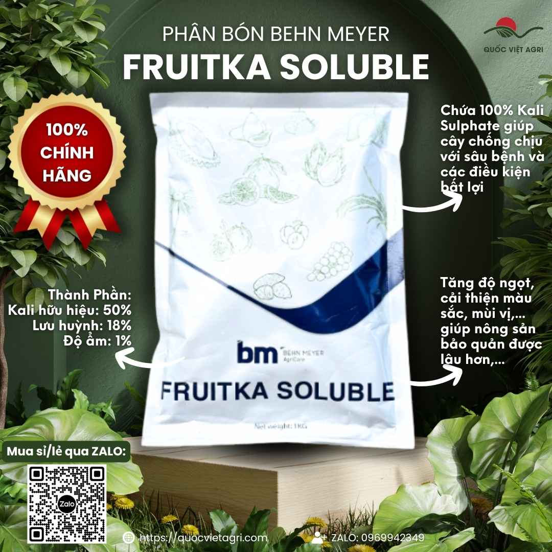Mặt trước gói phân bón Siêu Kali Fruitka Soluble 1KG, chuyên dùng để tăng độ ngọt, nặng ký, sản phẩm chính hãng Behn Meyer.