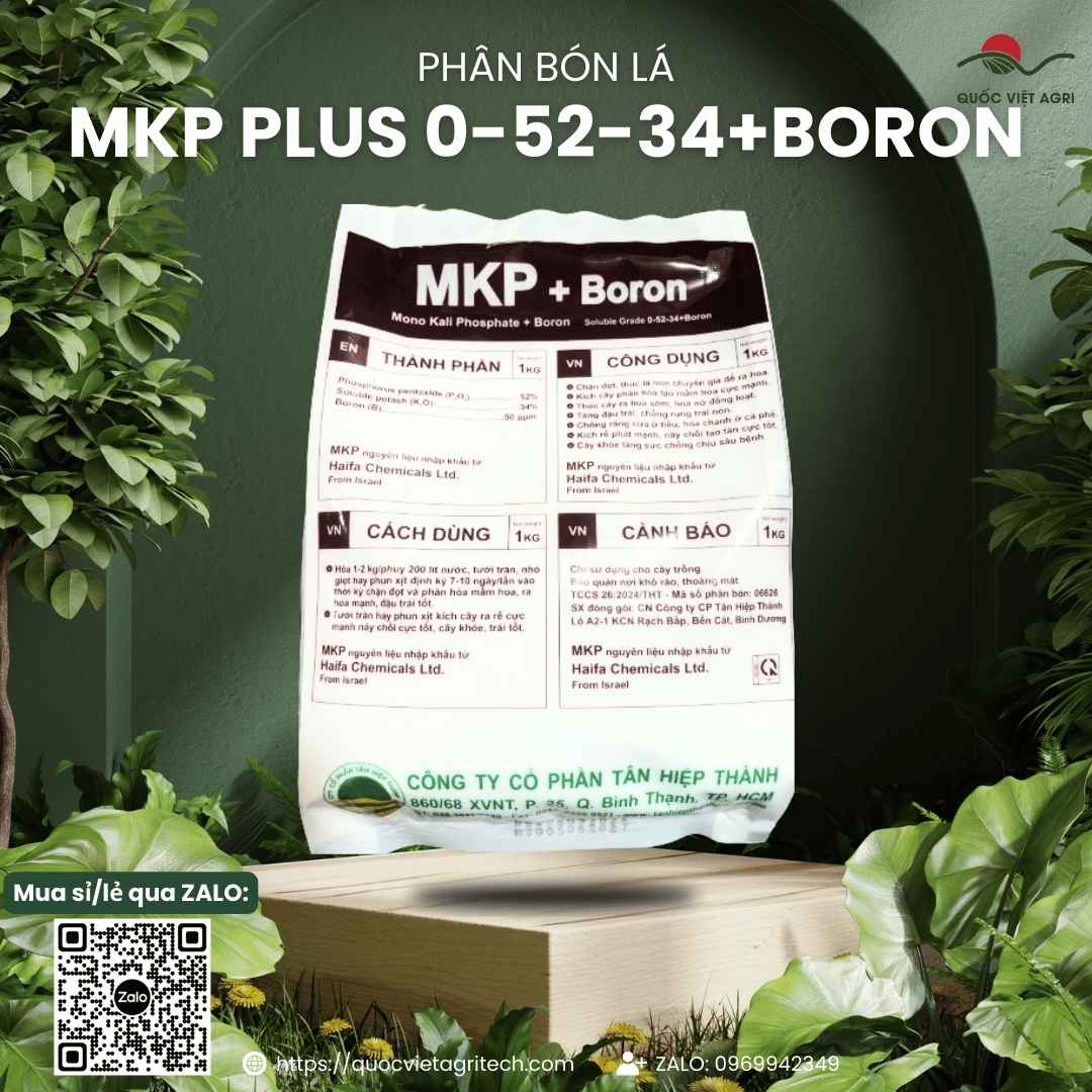 Mặt sau gói phân bón lá MKP Haifa Plus 0-52-34 1kg với thông tin thành phần P₂O₅ 52%, K₂O 34% và hướng dẫn sử dụng chi tiết.