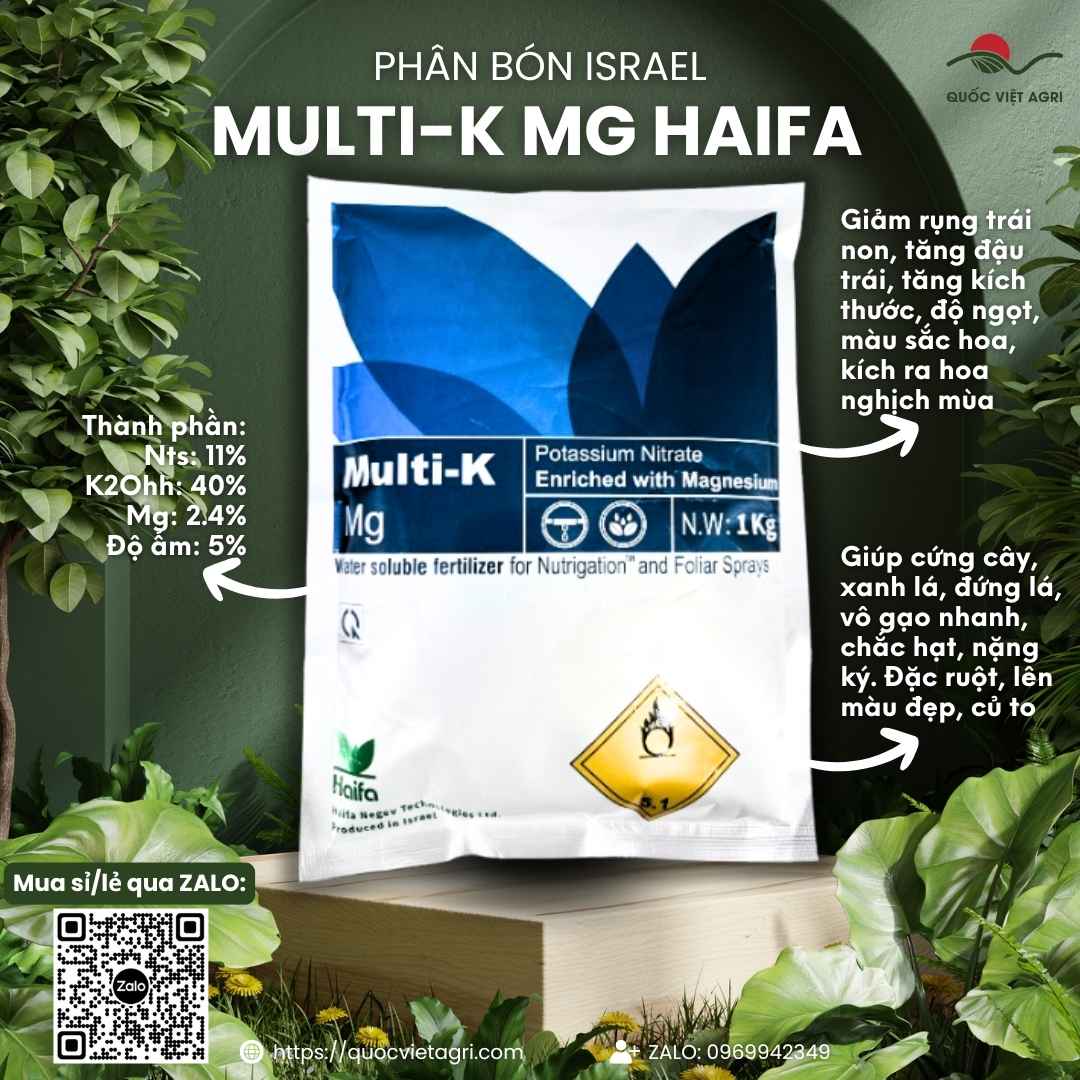 Mặt trước gói phân bón Haifa Multi-K Mg 1KG, chuyên dùng để tăng độ ngọt, chắc hạt, sản phẩm chính hãng nhập khẩu từ Israel.
