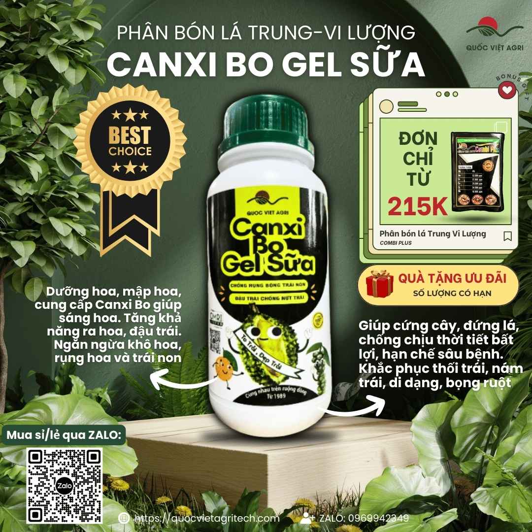 Mặt trước chai phân bón lá Canxi Bo Gel Sữa 500ml, chuyên dùng để chống rụng hoa, trái non, sản phẩm chính hãng của Quốc Việt Agri.