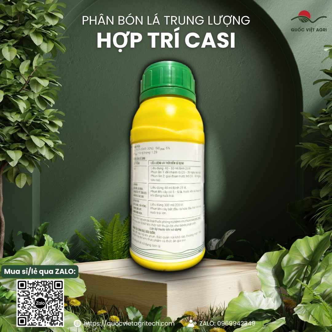 Mặt sau chai phân bón lá HỢP TRÍ CASI 500ml, chứa Canxi và Silic, chuyên cứng cây, chống đổ ngã, chống nứt trái.