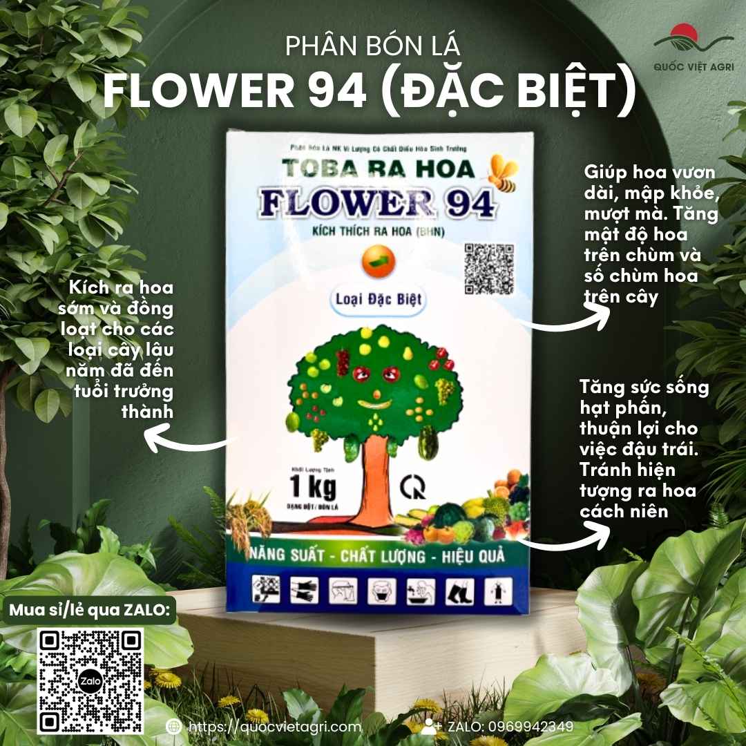 Mặt trước gói phân bón kích hoa Flower 94 Đặc Biệt 1KG, chuyên dùng để xử lý ra hoa nghịch vụ cho xoài, sầu riêng.
