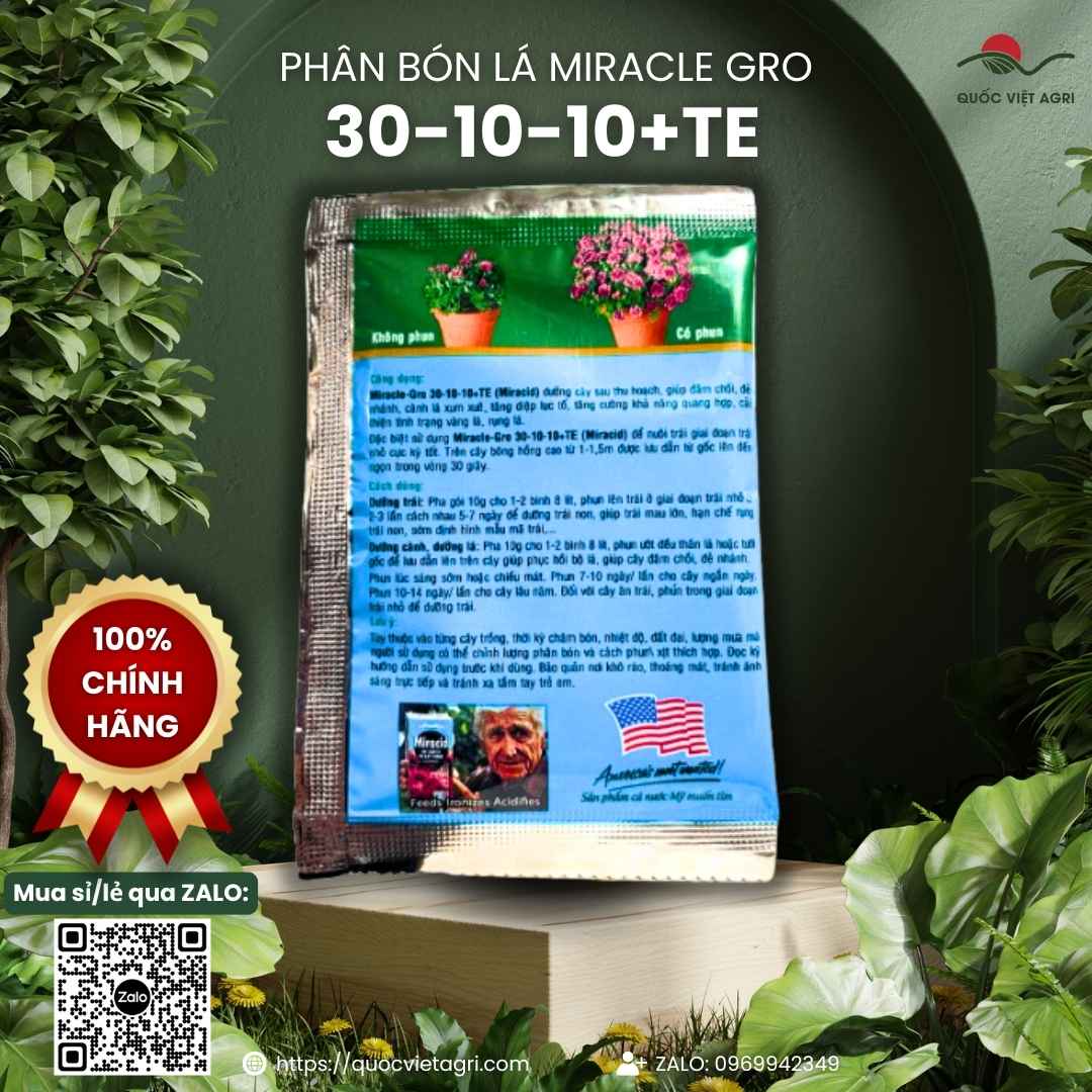 Mặt sau gói phân bón Miracle-Gro 30-10-10+TE (Miracid) 10g, chứa NPK 30-10-10 và vi lượng chelate, chuyên bung đọt, xanh lá.