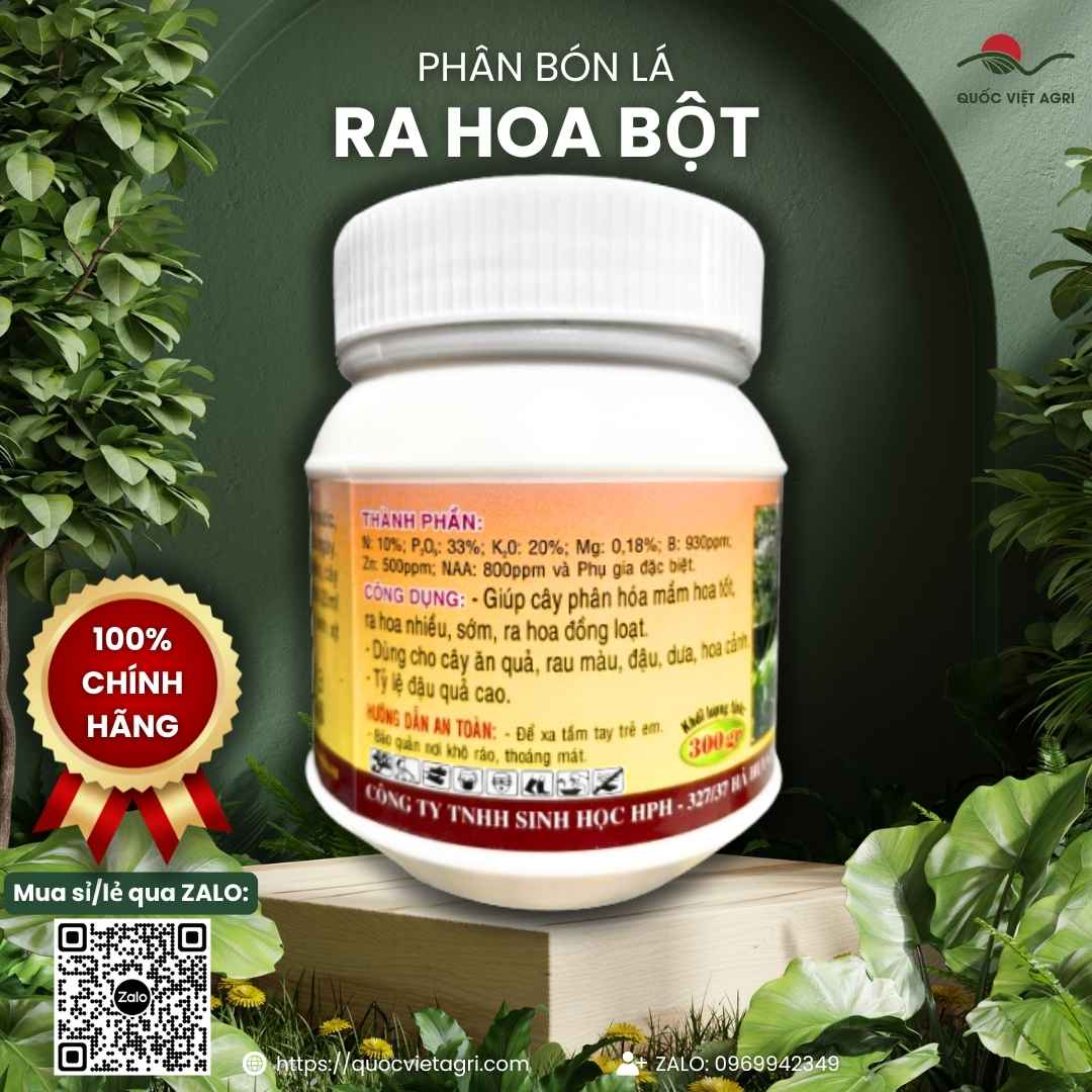 Mặt sau hủ phân bón lá RA HOA BỘT kèm bảng thành phần
