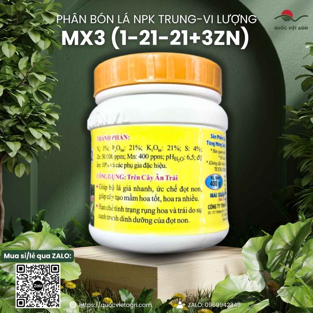 Mặt sau hủ phân bón tạo mầm hoa MX3 400g, chuyên dùng để chặn đọt sầu riêng, sản phẩm chính hãng.