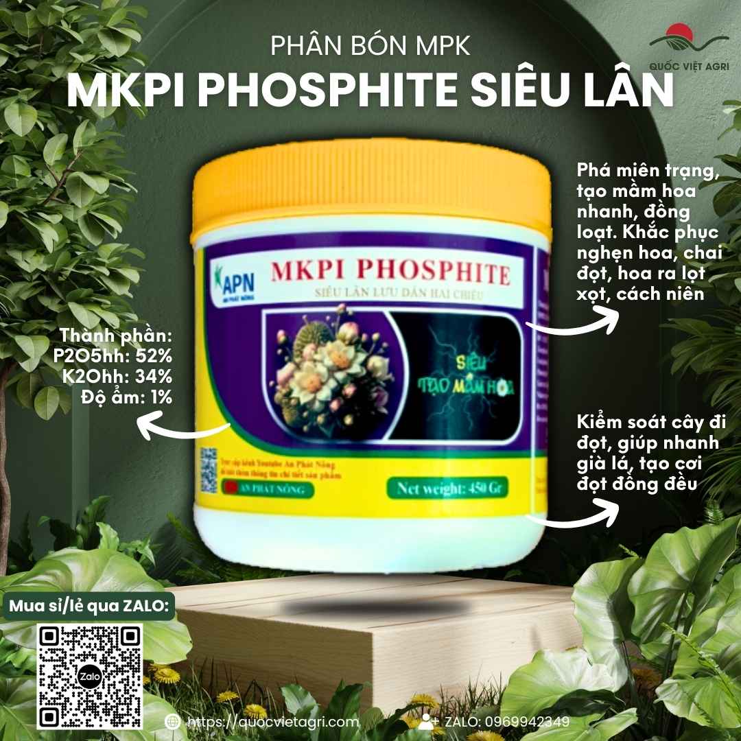 Mặt trước hộp phân bón MKPI Phosphite Siêu Lân 450g, chuyên dùng để tạo mầm hoa, chặn đọt, sản phẩm chính hãng An Phát Nông.