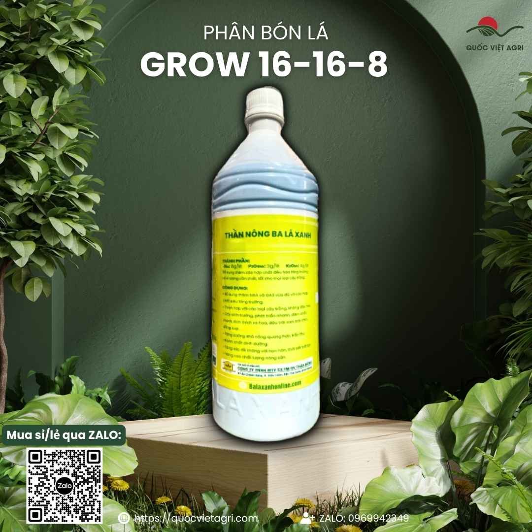 Mặt sau chai Grow 8-3-4 với thông tin thành phần NPK, NAA, GA3 và hướng dẫn sử dụng cho thanh long, cây ăn trái.
