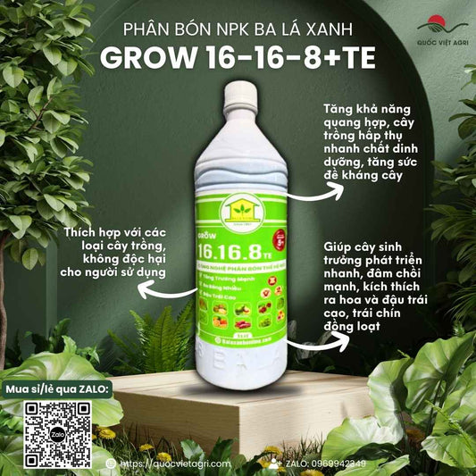 Mặt trước chai phân bón lá Grow Ba Lá Xanh 1 Lít, công thức NPK 16-16-8+TE đậm đặc gấp 5 lần, chuyên dùng để bung đọt, xanh lá.