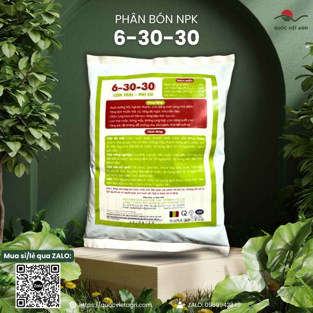 Mặt sau gói Phân Bón NPK 6-30-30+TE 1kg với thông tin thành phần NPK 6-30-30 và hướng dẫn tưới/phun cho sầu riêng, lúa, cây ăn trái.