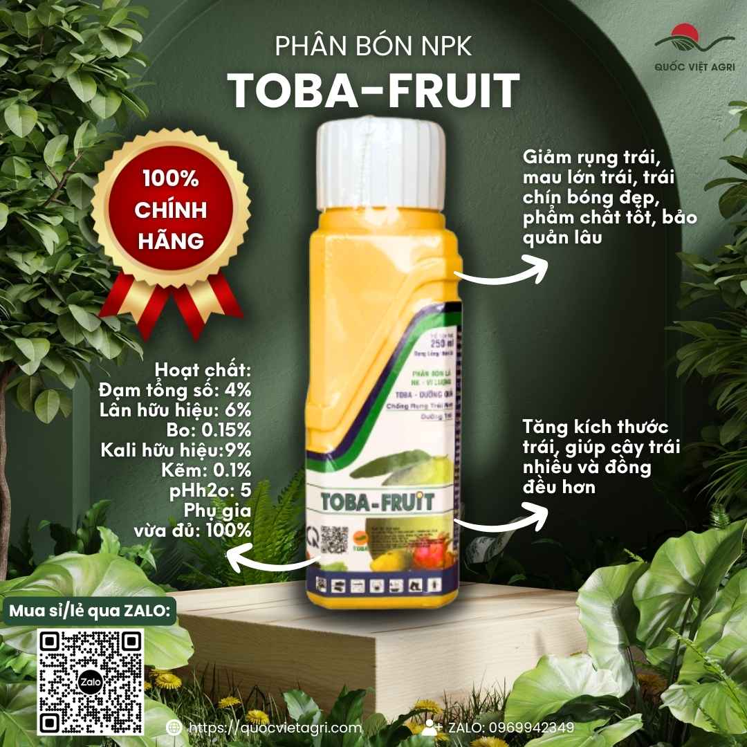 Mặt trước chai phân bón lá Toba Fruit 250ml, chuyên dùng để giảm rụng trái non, lớn trái, trái chín bóng đẹp.