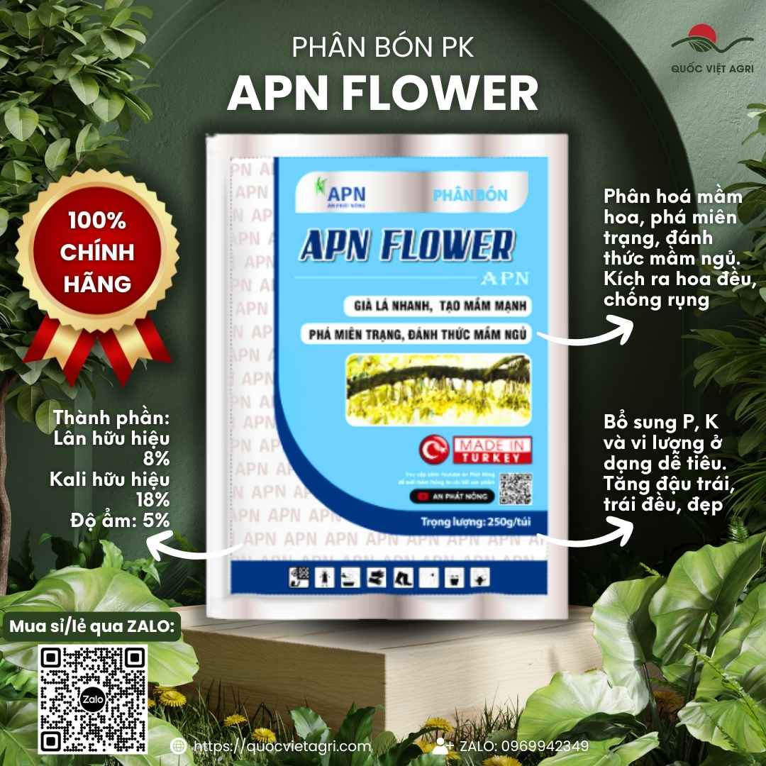 Mặt trước gói phân bón lá APN Flower 250g, chuyên dùng để đánh thức mầm hoa, sản phẩm chính hãng An Phát Nông.
