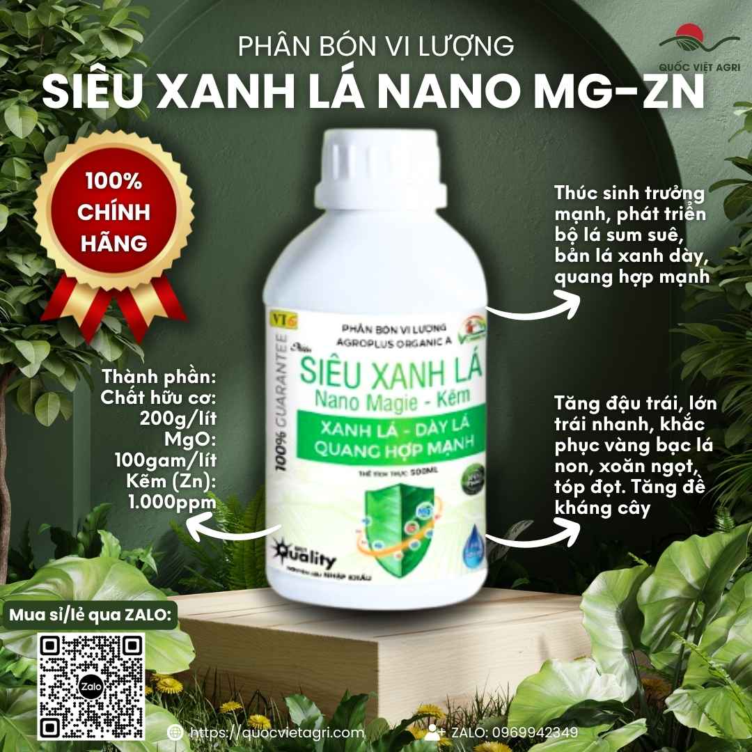 Mặt trước chai phân bón Siêu Xanh Lá Nano Magie Kẽm 500ml, chuyên dùng để trị vàng lá, phục hồi cây.