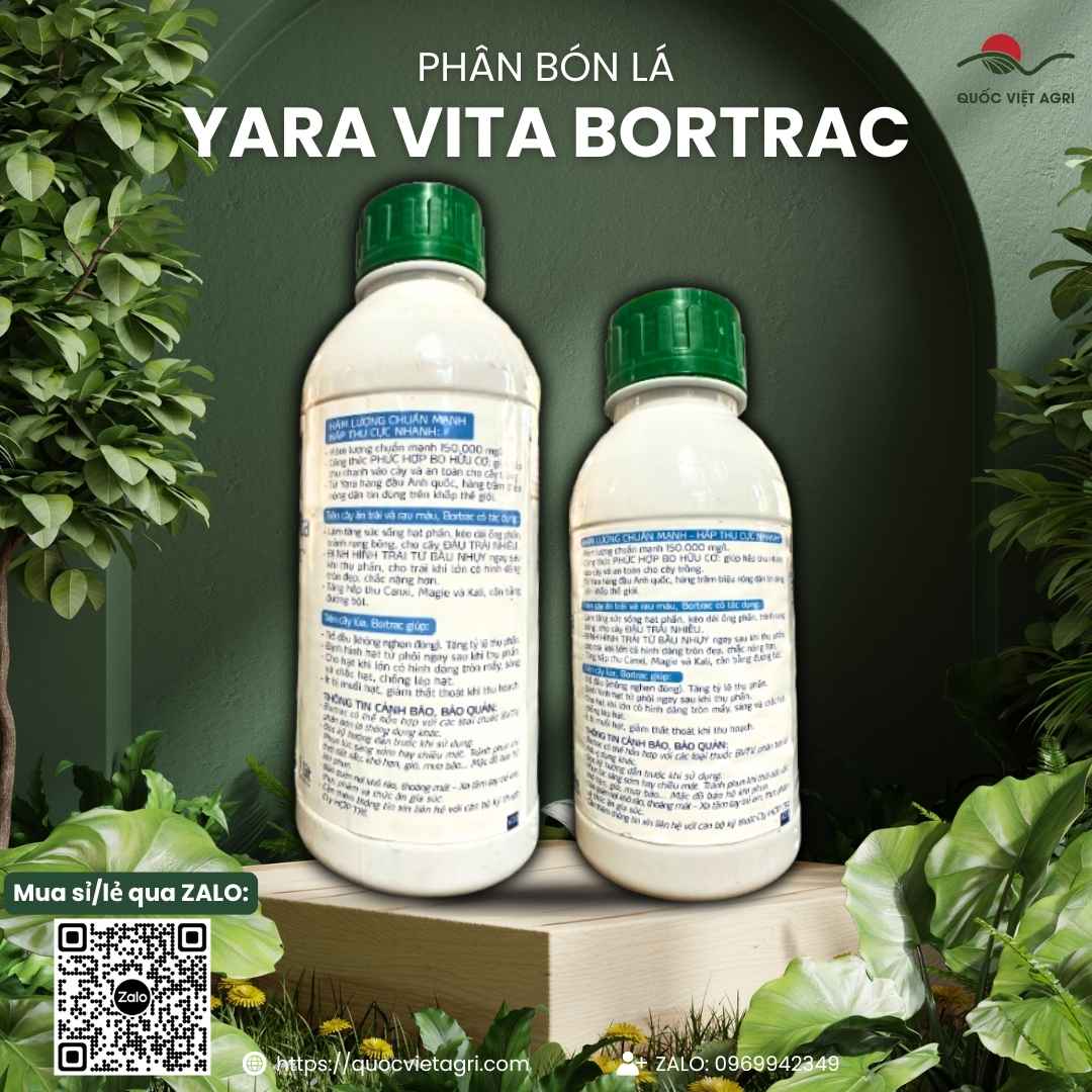 Mặt sau chai phân bón lá Yara Vita Bortrac với thông tin hàm lượng Boron cao, hỗ trợ quá trình phân chia tế bào và hướng dẫn sử dụng.