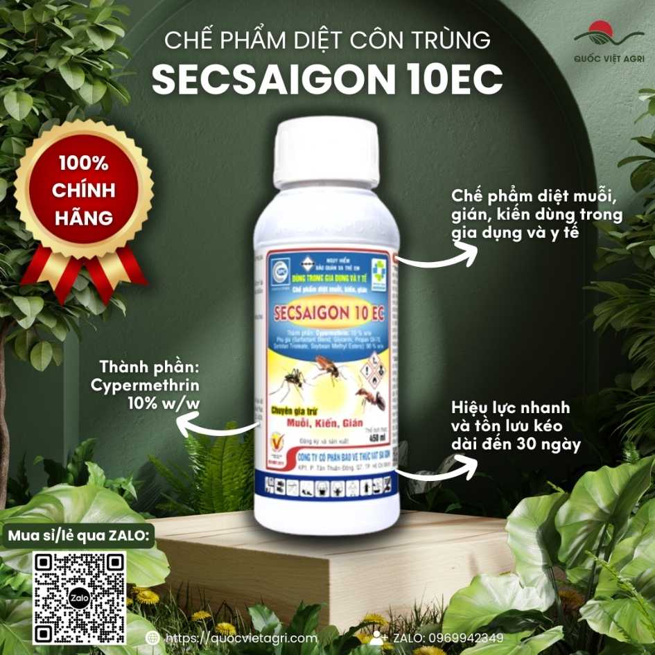 Mặt trước chai dung dịch diệt côn trùng SECSAIGON 10EC 450ml, chuyên diệt muỗi, ruồi, gián, kiến.