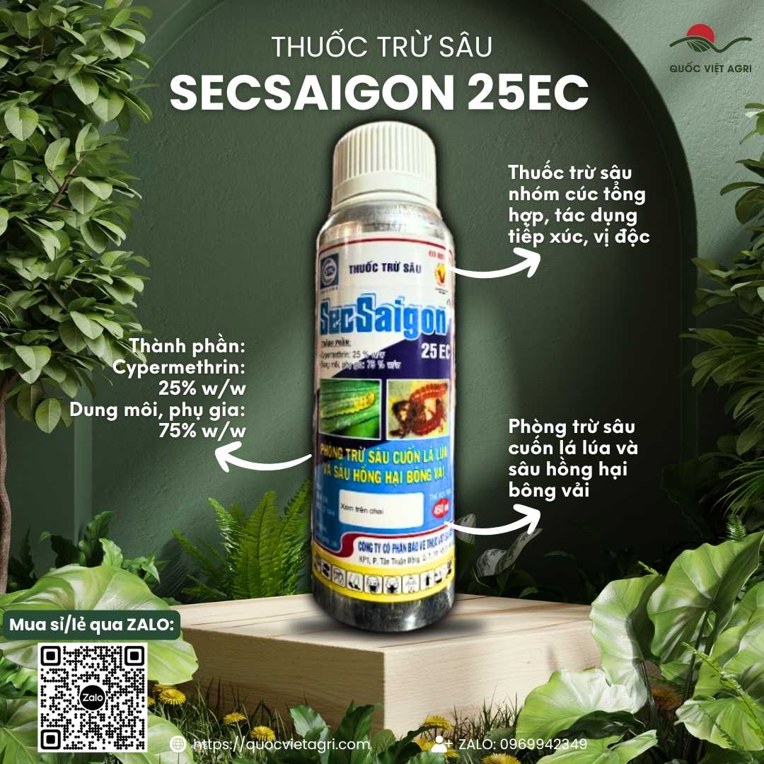 Mặt trước chai thuốc trừ sâu Secsaigon 25EC 450ml, chuyên dùng để đặc trị sâu cuốn lá lúa, sâu hồng hại bông, nguyên liệu Ấn Độ.