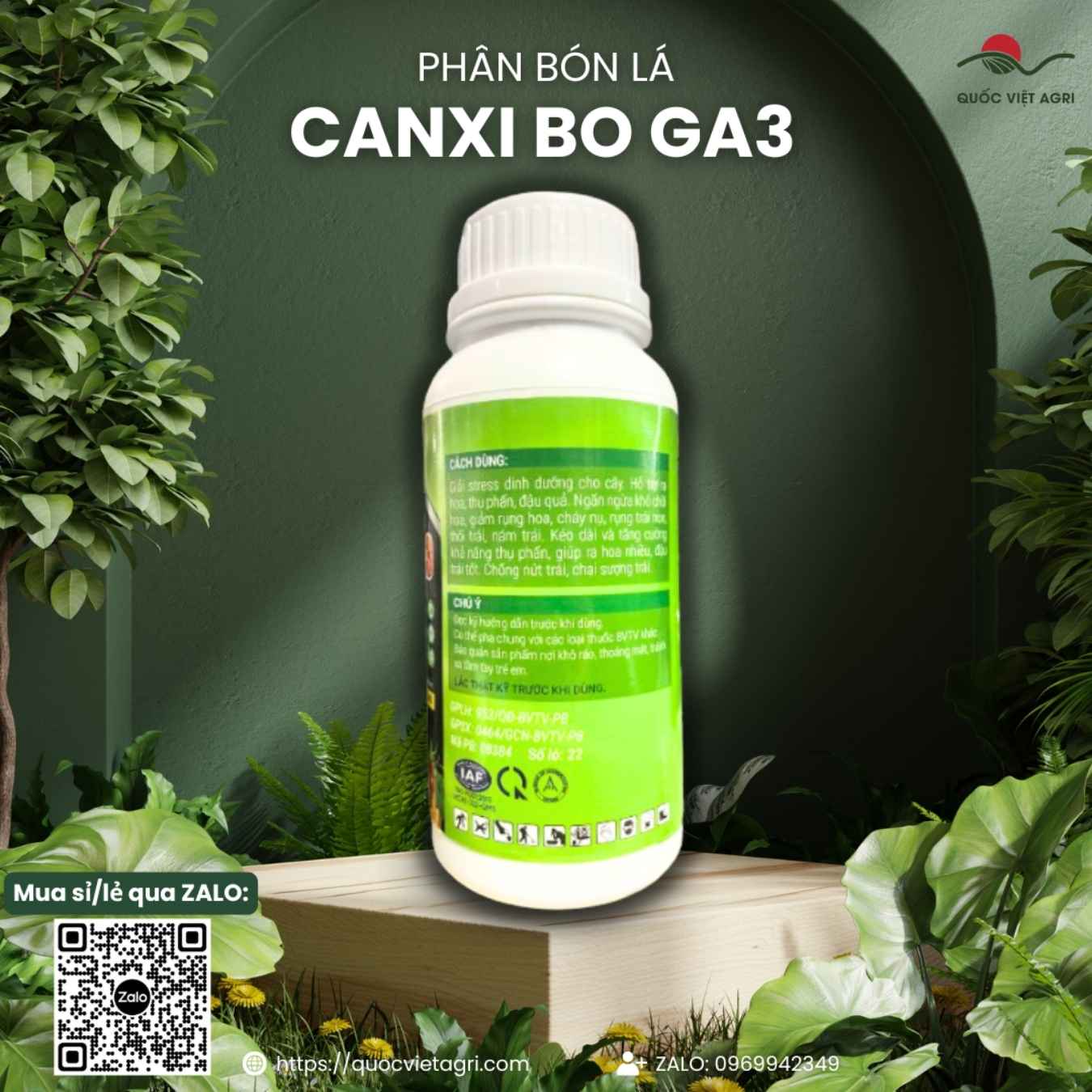 Mặt sau chai Siêu Canxi Bo GA3 với bảng thành phần chi tiết Canxi, Bo, GA3, Rong biển và hướng dẫn sử dụng.