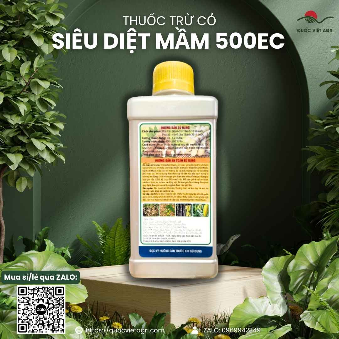 Mặt sau chai Siêu Diệt Mầm 500EC với hướng dẫn sử dụng an toàn và thông tin phân phối bởi Quốc Việt Agri.