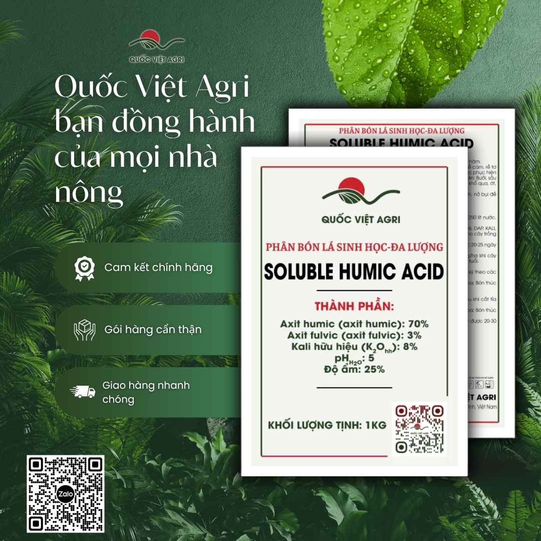 Ảnh toàn diện gói phân bón hữu cơ Super Humic QVA 1KG, chuyên dùng để kích rễ mạnh, cải tạo đất, sản phẩm nguyên liệu Mỹ.