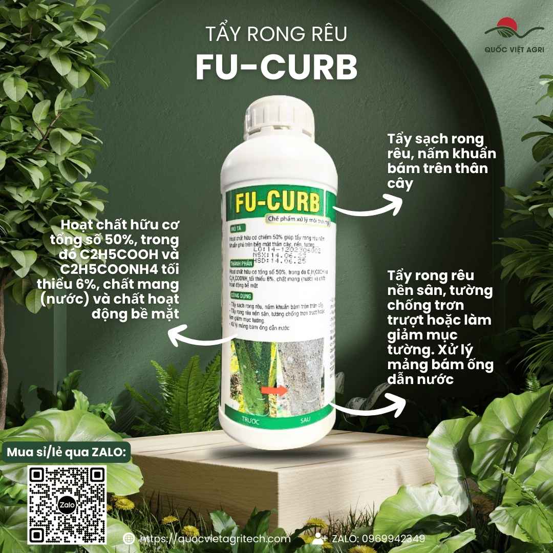Mặt trước chai dung dịch tẩy rong Fu Curb 1 Lít, chuyên dùng để tẩy rong rêu thân cây, sân gạch, sản phẩm chính hãng.
