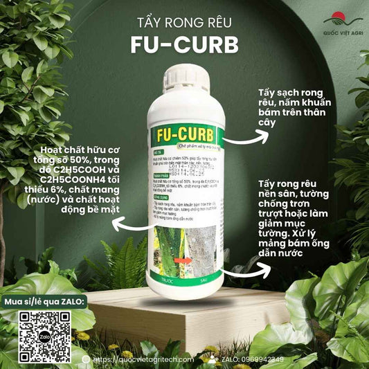 Mặt trước chai dung dịch tẩy rong Fu Curb 1 Lít, chuyên dùng để tẩy rong rêu thân cây, sân gạch, sản phẩm chính hãng.