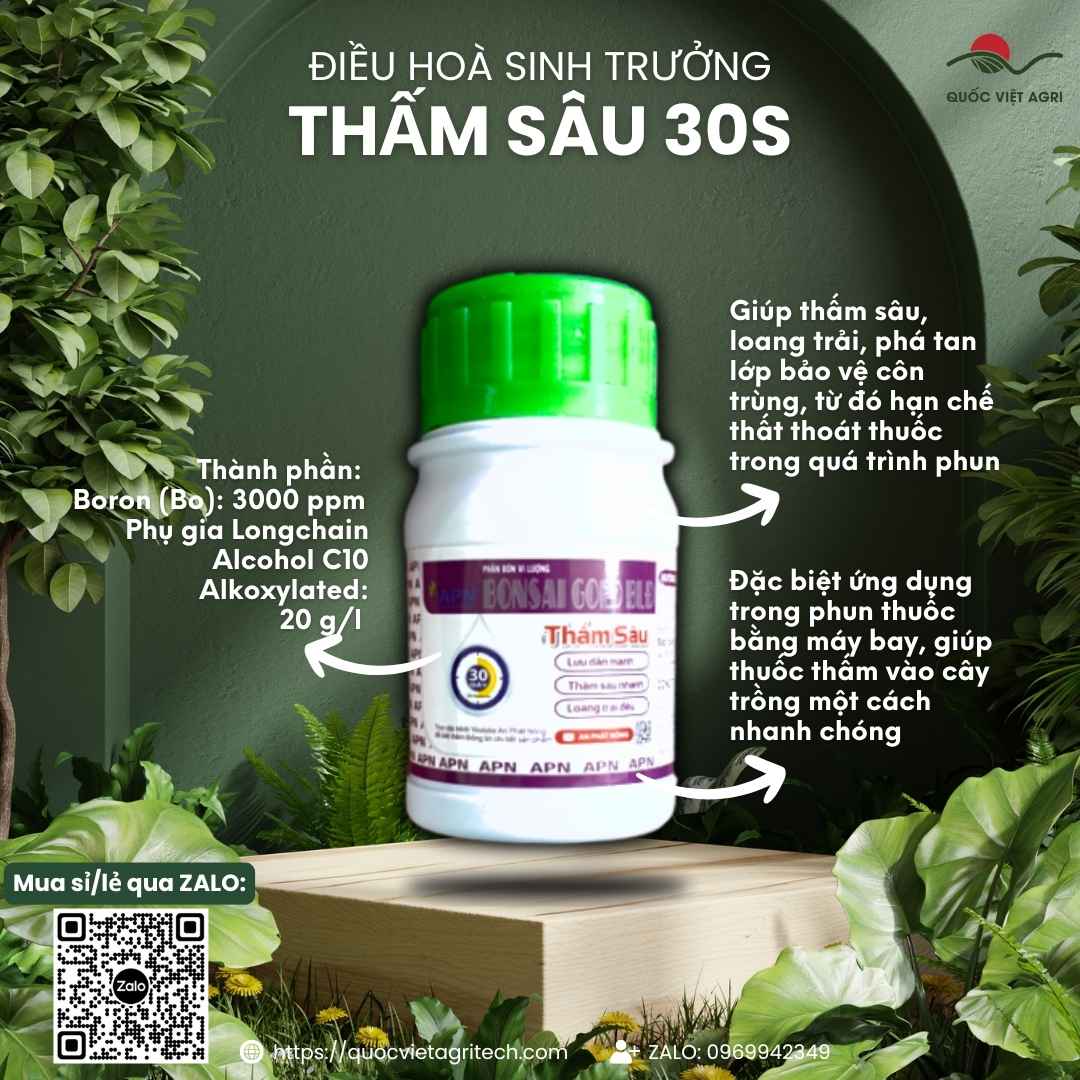 Mặt trước chai THẤM SÂU 30S 100ml, chất trợ lực tăng hiệu quả thuốc BVTV và phân bón lá.