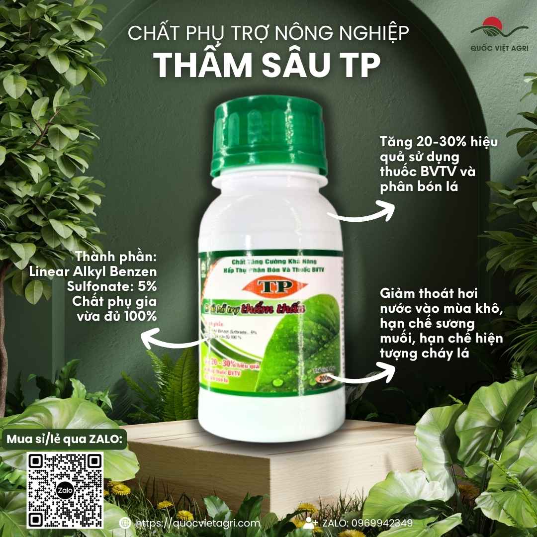 Mặt trước chai chất phụ trợ Thấm Sâu Loang Rộng 200ml, chuyên dùng để tăng hiệu lực thuốc BVTV, sản phẩm chính hãng.