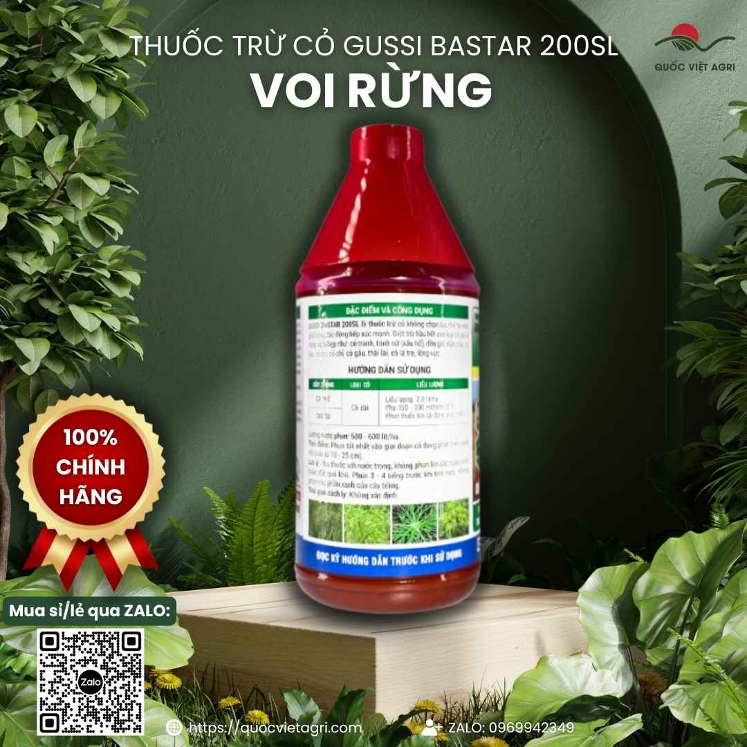 Mặt sau chai thuốc trừ cỏ Voi Rừng 200SL 900ml với thông tin thành phần hoạt chất Glufosinate-Ammonium và hướng dẫn sử dụng chi tiết.