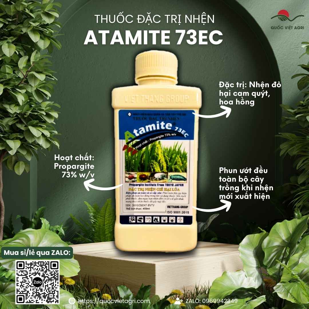 Mặt trước chai thuốc trừ nhện Atamite 73EC 450ml, chuyên dùng để đặc trị nhện đỏ hại cam, chè, sản phẩm chính hãng VITHACO.