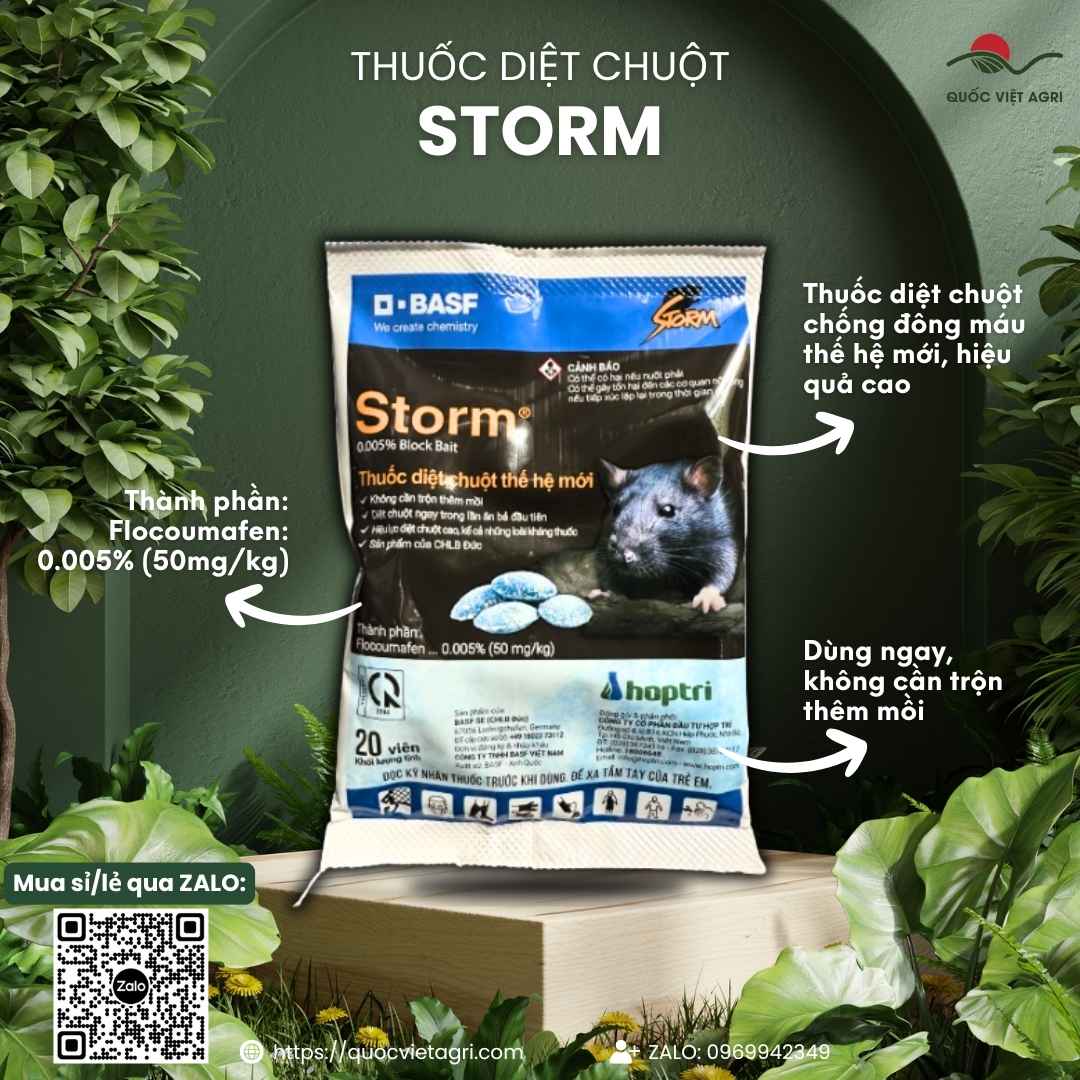 Mặt trước gói thuốc diệt chuột Storm 20 viên, chuyên dùng để diệt chuột kháng thuốc, sản phẩm chính hãng của Đức.