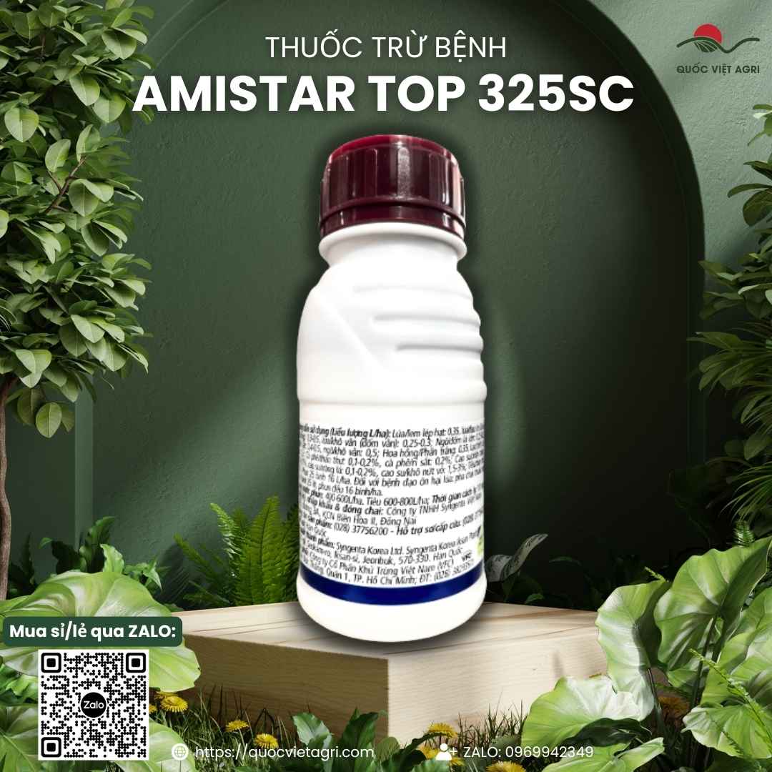 Mặt sau chai Amistar Top với thành phần Azoxystrobin, Difenoconazole và hướng dẫn cho lúa.