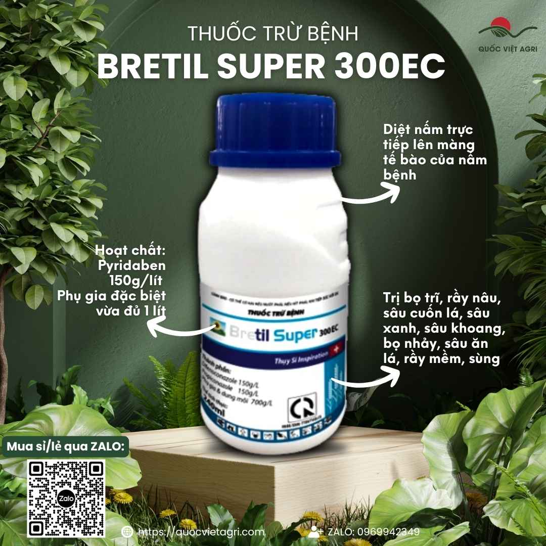 Mặt trước chai thuốc trừ bệnh Bretil Super 300EC 240ml, chuyên dùng để đặc trị lem lép hạt, rỉ sắt, công nghệ Thụy Sĩ.