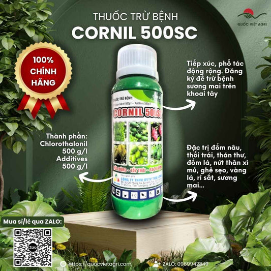 Mặt trước chai thuốc trừ bệnh Cornil 500SC 450ml, chuyên dùng để rửa bông, tẩy trái, trị sương mai, thán thư.