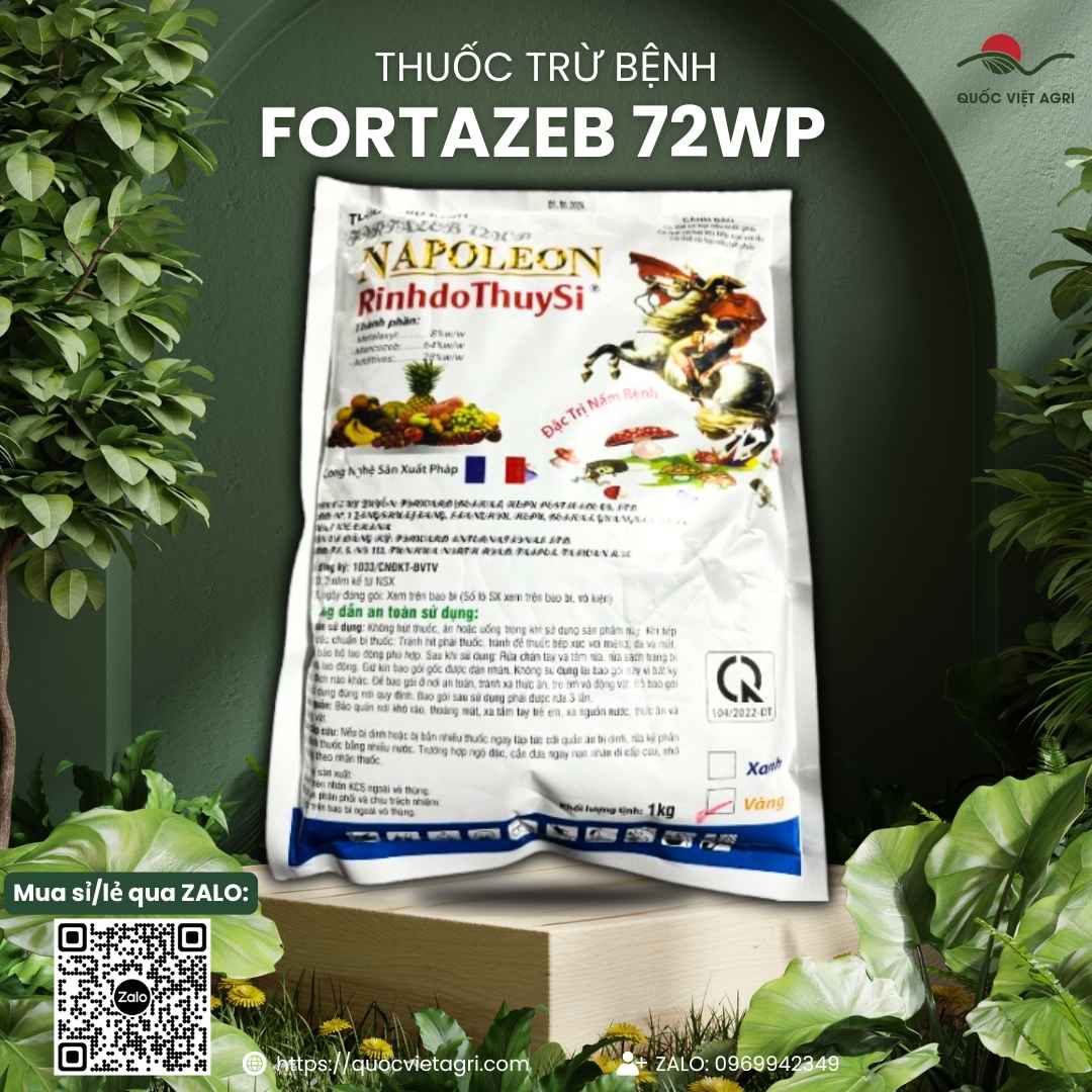 Mặt sau gói thuốc trừ bệnh Fortazeb 72WP (Napoleon Vàng) 1kg với thông tin 2 thành phần Mancozeb, Metalaxyl và hướng dẫn sử dụng.