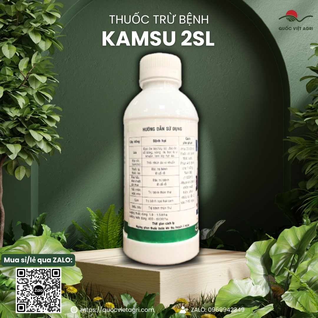 Mặt sau chai thuốc trừ khuẩn KAMSU 2SL với thông tin thành phần hoạt chất (thường là Oxytetracycline hoặc tương đương) và hướng dẫn sử dụng chi tiết.