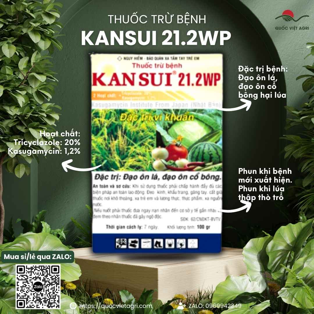 Mặt trước gói thuốc trừ bệnh Kansui 21.2WP 100g, chuyên dùng để đặc trị đạo ôn cổ bông, bạc lá lúa, sản phẩm chính hãng VITHACO.