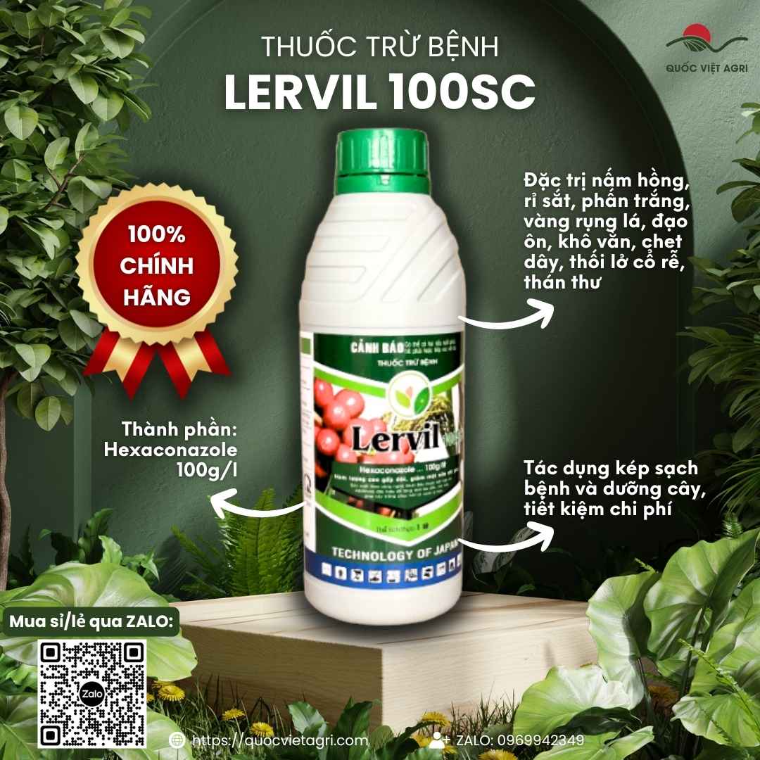 Mặt trước chai thuốc trừ bệnh Lervil 100SC 1 Lít, chuyên dùng để đặc trị rỉ sắt cà phê, đạo ôn lúa, công nghệ Nhật Bản.