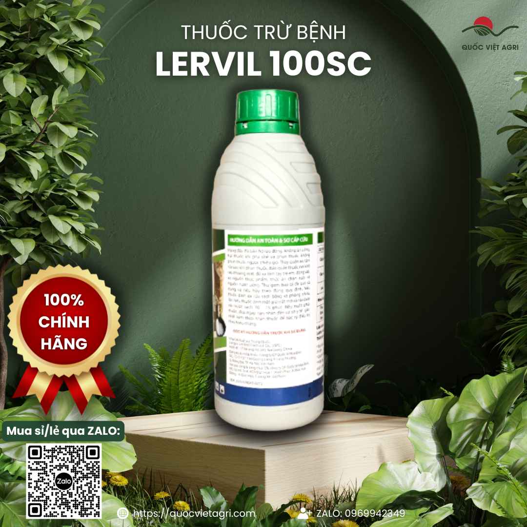 Mặt sau chai thuốc trừ bệnh Lervil 100SC 1 Lít, chuyên dùng để đặc trị rỉ sắt cà phê, đạo ôn lúa, công nghệ Nhật Bản.