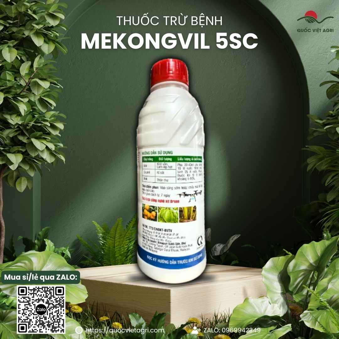 Mặt sau chai thuốc trừ bệnh Mekongvil 5SC 1 Lít, chuyên dùng để đặc trị rỉ sắt cà phê, thán thư xoài, hoạt chất Hexaconazole.