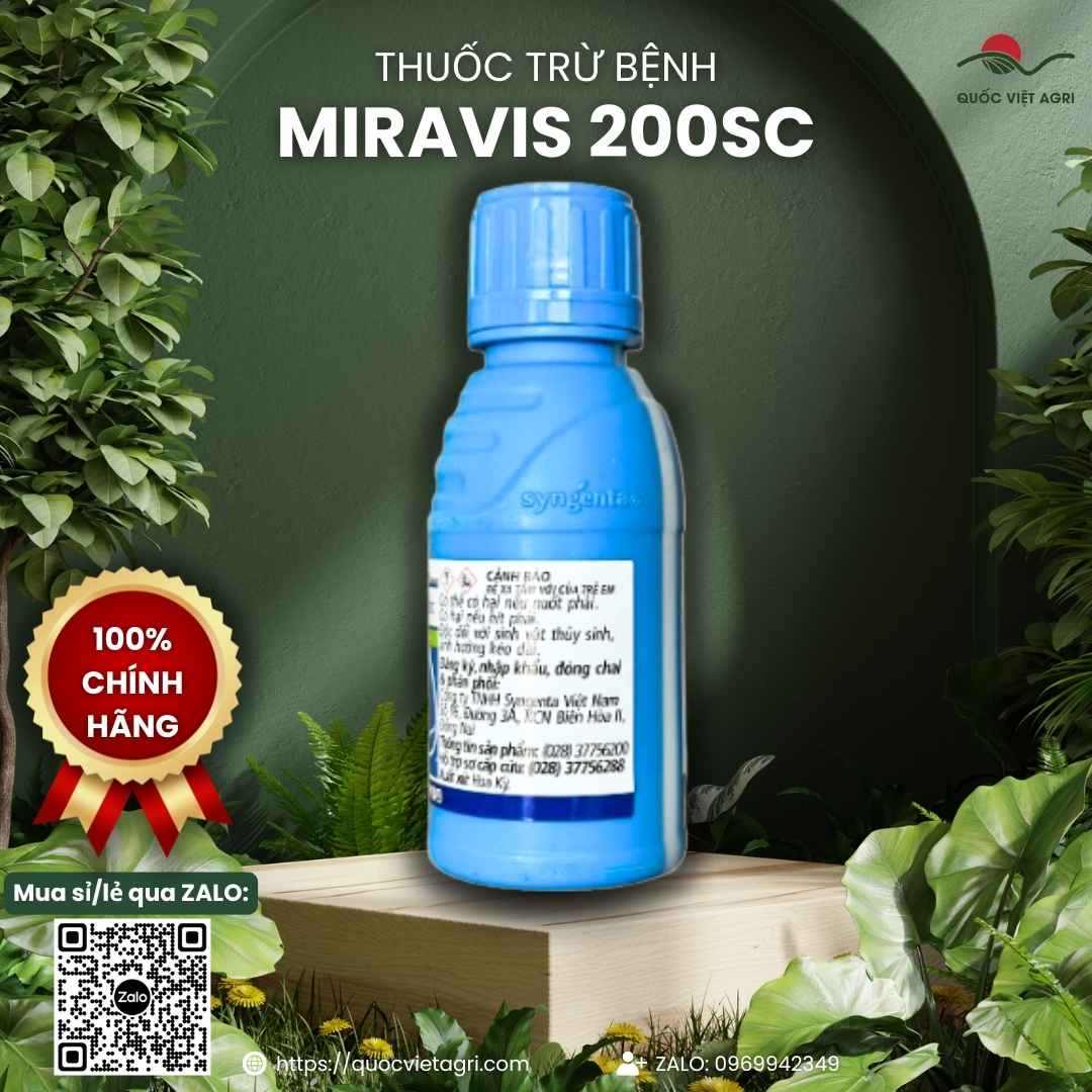 Mặt sau chai Miravis 200SC với thành phần Pydiflumetofen và hướng dẫn sử dụng cho ớt, thanh long.
