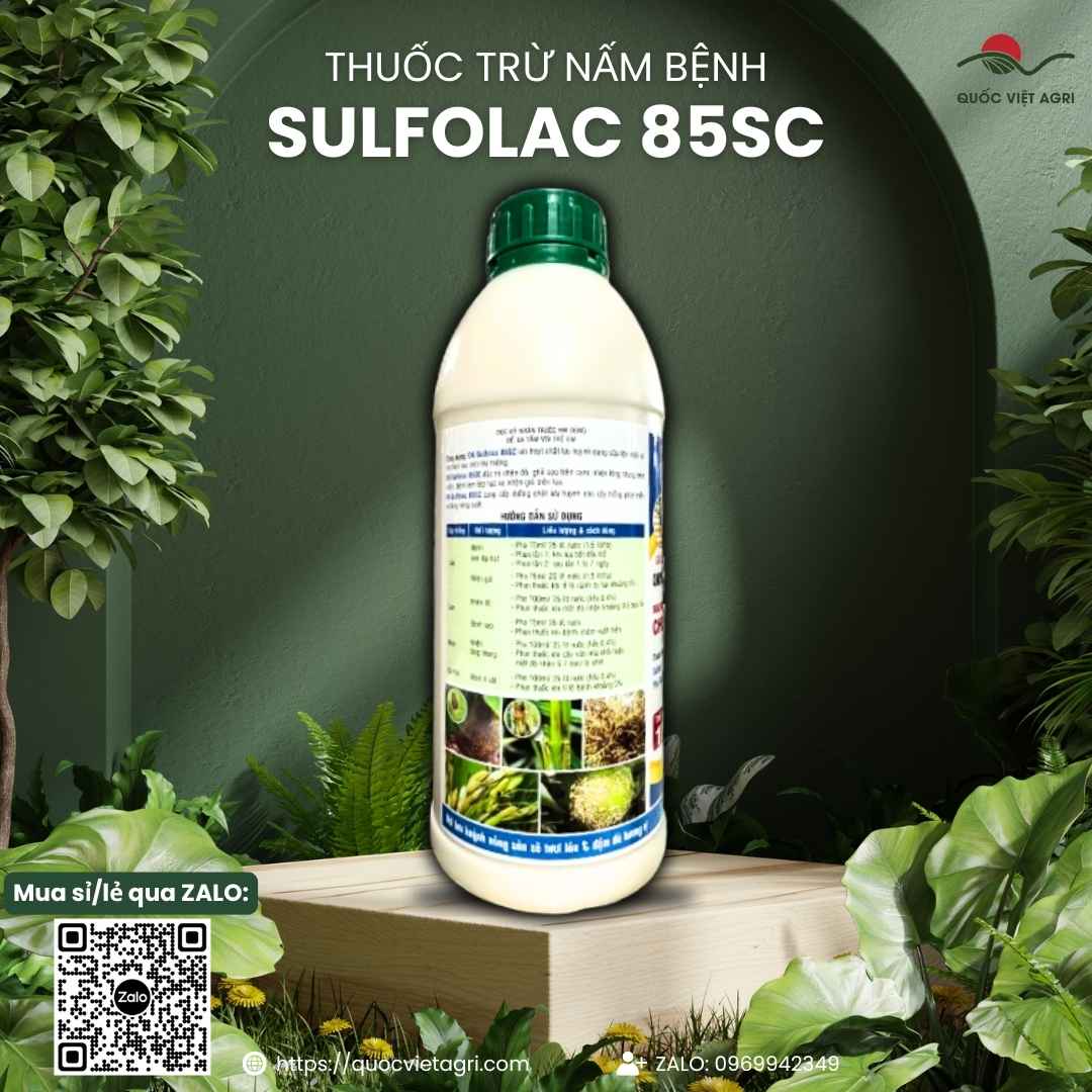 Mặt sau chai sữa lưu huỳnh OK Sulfolac 85SC 1 Lít với thông tin thành phần Sulfur 85% và hướng dẫn sử dụng.