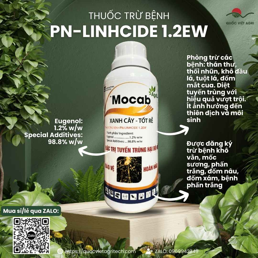 Mặt trước chai thuốc trừ bệnh sinh học PN-Linhcide 1.2EW Mocab 500ml, chuyên dùng để đặc trị tuyến trùng, thối rễ, sản phẩm chính hãng.