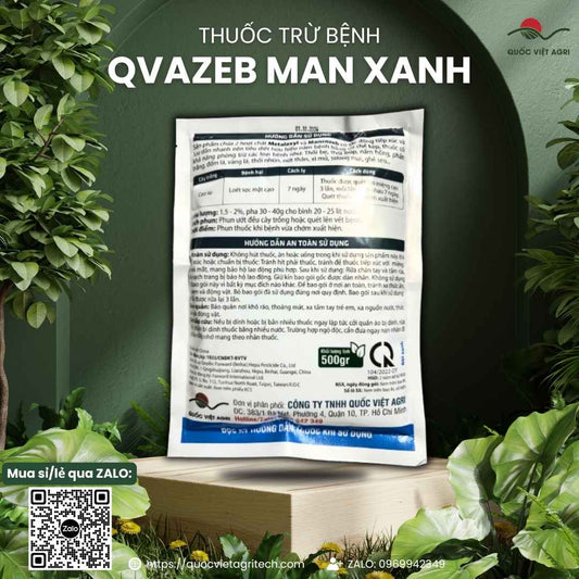 Mặt sau gói thuốc trừ bệnh Qvazeb Xanh 500g với thông tin 2 thành phần hoạt chất Mancozeb, Metalaxyl và hướng dẫn sử dụng.