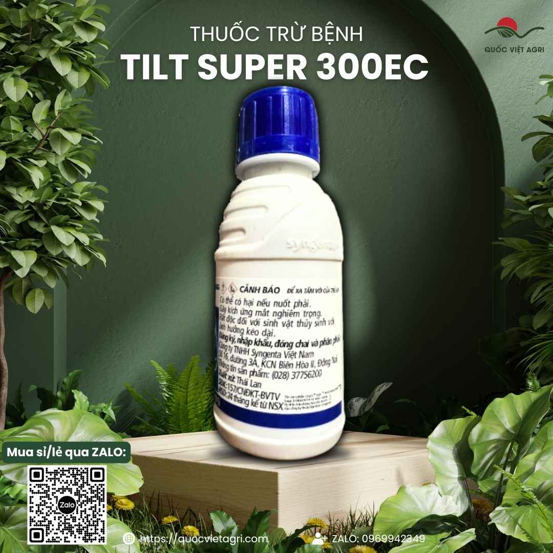 Mặt sau chai thuốc trừ bệnh Tilt Super 300EC 100ml với thông tin thành phần hoạt chất Propiconazole và Difenoconazole, cùng hướng dẫn sử dụng chi tiết.